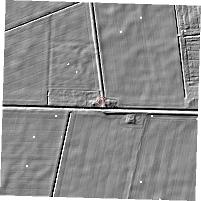Shaded relief map of the ground around PE228LG, computed from Environment Agency LiDAR. The ground here sits at about 1 m above sea level and falls 3 m across the surrounding 800 m. Surface water reaching this point runs off ground lying to the west-south-west, 1.4 m higher.