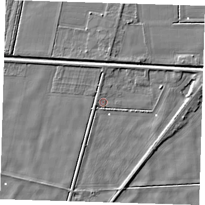Shaded relief map of the ground around PE228LJ, computed from Environment Agency LiDAR. The ground here sits at about 1 m above sea level and falls 5 m across the surrounding 800 m. Surface water reaching this point runs off ground lying to the south-south-west, 2.7 m higher.
