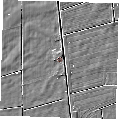 Shaded relief map of the ground around PE228LQ, computed from Environment Agency LiDAR. The ground here sits at about 1 m above sea level and falls 3 m across the surrounding 800 m. Surface water reaching this point runs off ground lying to the north-north-east, 1.4 m higher.