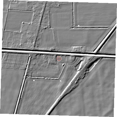 Shaded relief map of the ground around PE228LS, computed from Environment Agency LiDAR. The ground here sits at about 1 m above sea level and falls 5 m across the surrounding 800 m. Surface water reaching this point runs off ground lying to the south-west, 2.6 m higher.
