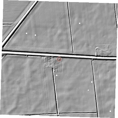 Shaded relief map of the ground around PE228LT, computed from Environment Agency LiDAR. The ground here sits at about 0 m above sea level and falls 5 m across the surrounding 800 m. Surface water reaching this point runs off ground lying to the west-north-west, 2.3 m higher.