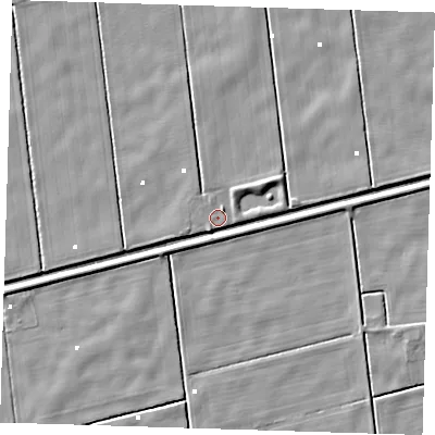 Shaded relief map of the ground around PE228LU, computed from Environment Agency LiDAR. The ground here sits at about 0 m above sea level and falls 4 m across the surrounding 800 m. Surface water reaching this point runs off ground lying to the north-north-east, 1.4 m higher.