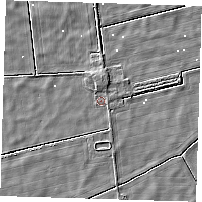 Shaded relief map of the ground around PE228LX, computed from Environment Agency LiDAR. The ground here sits at about 0 m above sea level and falls 3 m across the surrounding 800 m. Surface water reaching this point runs off ground lying to the north-north-east, 2.7 m higher.