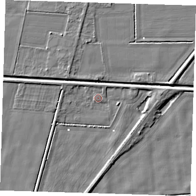 Shaded relief map of the ground around PE228LY, computed from Environment Agency LiDAR. The ground here sits at about 1 m above sea level and falls 5 m across the surrounding 800 m. Surface water reaching this point runs off ground lying to the south-west, 2.6 m higher.