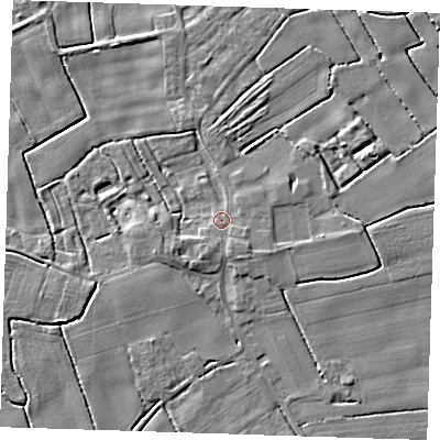 Shaded relief map of the ground around PE228NB, computed from Environment Agency LiDAR. The ground here sits at about 2 m above sea level and falls 4 m across the surrounding 800 m. Surface water reaching this point runs off ground lying to the west-south-west, 2.2 m higher.