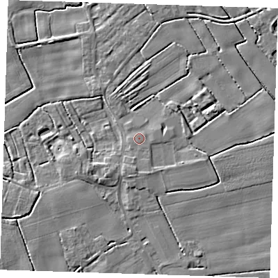 Shaded relief map of the ground around PE228NE, computed from Environment Agency LiDAR. The ground here sits at about 3 m above sea level and falls 5 m across the surrounding 800 m. The ground contributing surface water to this point lies to the south-south-east.