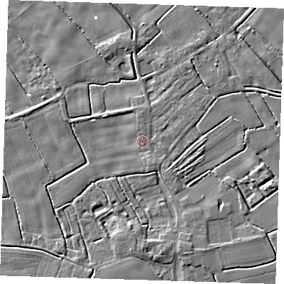Shaded relief map of the ground around PE228NG, computed from Environment Agency LiDAR. The ground here sits at about 2 m above sea level and falls 5 m across the surrounding 800 m. Surface water reaching this point runs off ground lying to the south-south-east, 1.7 m higher.