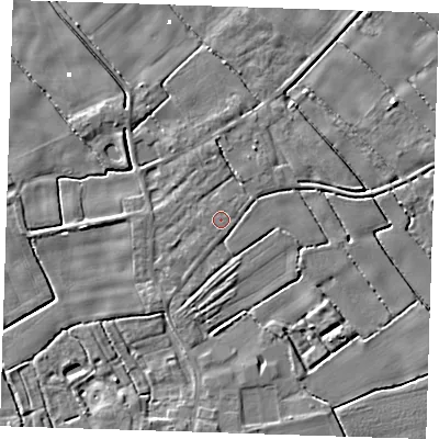 Shaded relief map of the ground around PE228NQ, computed from Environment Agency LiDAR. The ground here sits at about 2 m above sea level and falls 5 m across the surrounding 800 m. The ground contributing surface water to this point lies to the east-north-east.