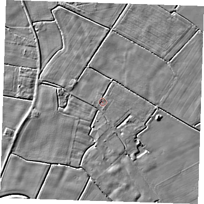 Shaded relief map of the ground around PE228NR, computed from Environment Agency LiDAR. The ground here sits at about 2 m above sea level and falls 6 m across the surrounding 800 m. Surface water reaching this point runs off ground lying to the south-east, 2.1 m higher.