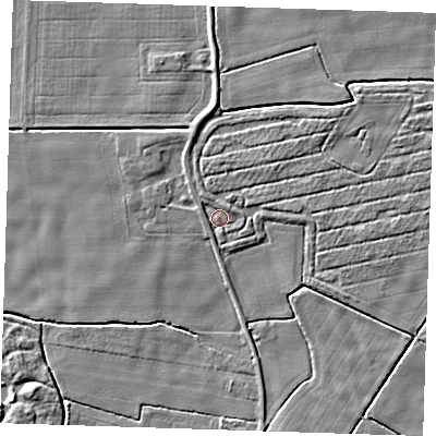 Shaded relief map of the ground around PE228NS, computed from Environment Agency LiDAR. The ground here sits at about 1 m above sea level and falls 4 m across the surrounding 800 m. Surface water reaching this point runs off ground lying to the north-north-east, 1.8 m higher.