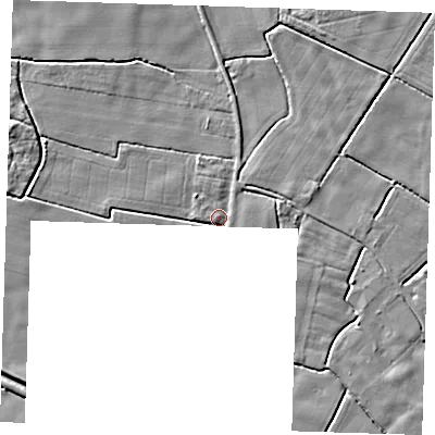 Shaded relief map of the ground around PE228NT, computed from Environment Agency LiDAR. The ground here sits at about 1 m above sea level and falls 4 m across the surrounding 800 m. Surface water reaching this point runs off ground lying to the north-north-east, 1.8 m higher.