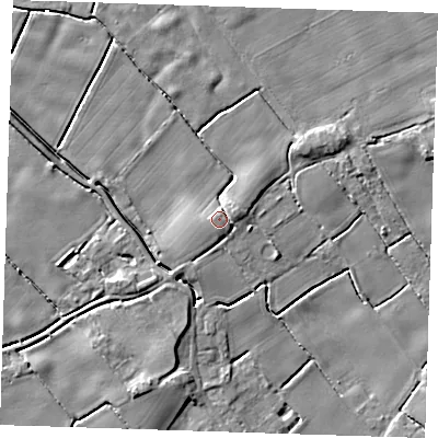 Shaded relief map of the ground around PE228NW, computed from Environment Agency LiDAR. The ground here sits at about 4 m above sea level and falls 6 m across the surrounding 800 m. Surface water reaching this point runs off ground lying to the east-north-east, 2.0 m higher.
