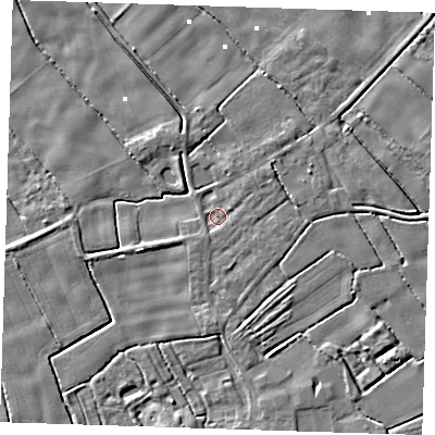 Shaded relief map of the ground around PE228NX, computed from Environment Agency LiDAR. The ground here sits at about 1 m above sea level and falls 5 m across the surrounding 800 m. Surface water reaching this point runs off ground lying to the south, 2.5 m higher.