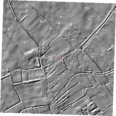 Shaded relief map of the ground around PE228NY, computed from Environment Agency LiDAR. The ground here sits at about 2 m above sea level and falls 5 m across the surrounding 800 m. The ground contributing surface water to this point lies to the south-east.