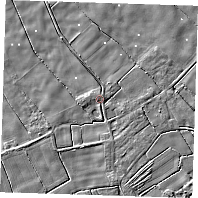 Shaded relief map of the ground around PE228NZ, computed from Environment Agency LiDAR. The ground here sits at about 1 m above sea level and falls 4 m across the surrounding 800 m. Surface water reaching this point runs off ground lying to the east-south-east, 1.9 m higher.