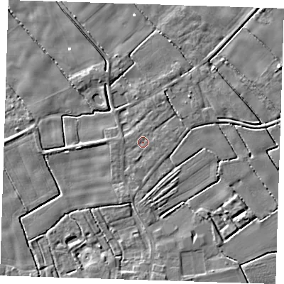 Shaded relief map of the ground around PE228PA, computed from Environment Agency LiDAR. The ground here sits at about 1 m above sea level and falls 5 m across the surrounding 800 m. Surface water reaching this point runs off ground lying to the south-south-west, 2.2 m higher.