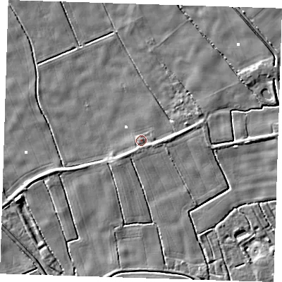 Shaded relief map of the ground around PE228PD, computed from Environment Agency LiDAR. The ground here sits at about 1 m above sea level and falls 5 m across the surrounding 800 m. Surface water reaching this point runs off ground lying to the south, 1.6 m higher.