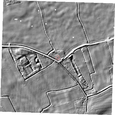 Shaded relief map of the ground around PE228PE, computed from Environment Agency LiDAR. The ground here sits at about 1 m above sea level and falls 5 m across the surrounding 800 m. Surface water reaching this point runs off ground lying to the east-south-east, 2.8 m higher.