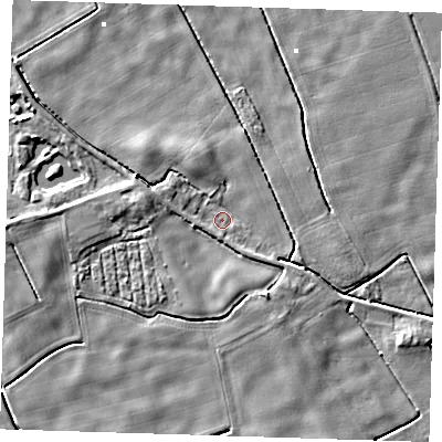 Shaded relief map of the ground around PE228PF, computed from Environment Agency LiDAR. The ground here sits at about 1 m above sea level and falls 5 m across the surrounding 800 m. Surface water reaching this point runs off ground lying to the south-south-east, 3.4 m higher.
