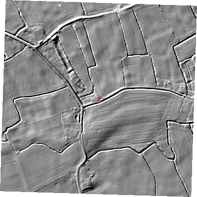 Shaded relief map of the ground around PE228PG, computed from Environment Agency LiDAR. The ground here sits at about 3 m above sea level and falls 5 m across the surrounding 800 m. Surface water reaching this point runs off ground lying to the east, 2.5 m higher.
