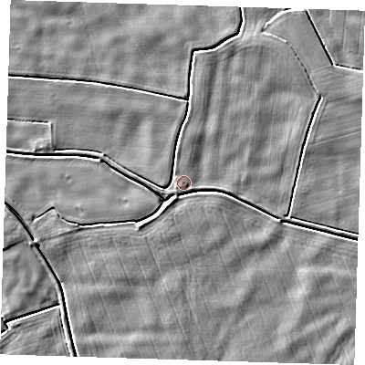 Shaded relief map of the ground around PE228PH, computed from Environment Agency LiDAR. The ground here sits at about 2 m above sea level and falls 3 m across the surrounding 800 m. Surface water reaching this point runs off ground lying to the west-south-west, 1.8 m higher.