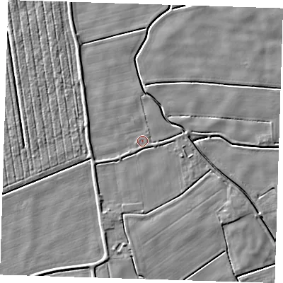 Shaded relief map of the ground around PE228PJ, computed from Environment Agency LiDAR. The ground here sits at about 1 m above sea level and falls 4 m across the surrounding 800 m. Surface water reaching this point runs off ground lying to the south-south-west, 2.0 m higher.