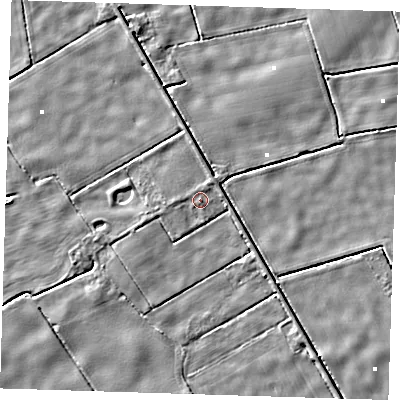 Shaded relief map of the ground around PE228PP, computed from Environment Agency LiDAR. The ground here sits at about 0 m above sea level and falls 3 m across the surrounding 800 m. Surface water reaching this point runs off ground lying to the south-south-east, 0.8 m higher.