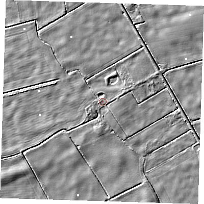 Shaded relief map of the ground around PE228PR, computed from Environment Agency LiDAR. The ground here sits at about 1 m above sea level and falls 3 m across the surrounding 800 m. Surface water reaching this point runs off ground lying to the west-south-west, 0.9 m higher.