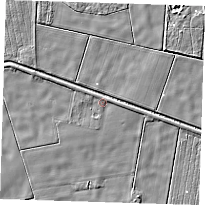Shaded relief map of the ground around PE228PS, computed from Environment Agency LiDAR. The ground here sits at about 0 m above sea level and falls 4 m across the surrounding 800 m. Surface water reaching this point runs off ground lying to the north-north-west, 1.5 m higher.