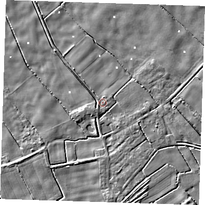 Shaded relief map of the ground around PE228PT, computed from Environment Agency LiDAR. The ground here sits at about 1 m above sea level and falls 4 m across the surrounding 800 m. Surface water reaching this point runs off ground lying to the east-north-east, 0.8 m higher.