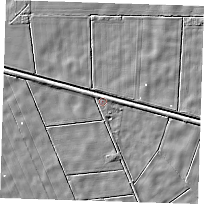 Shaded relief map of the ground around PE228PU, computed from Environment Agency LiDAR. The ground here sits at about 0 m above sea level and falls 3 m across the surrounding 800 m. Surface water reaching this point runs off ground lying to the west-north-west, 2.5 m higher.