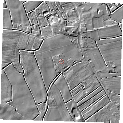 Shaded relief map of the ground around PE228QD, computed from Environment Agency LiDAR. The ground here sits at about 2 m above sea level and falls 4 m across the surrounding 800 m. Surface water reaching this point runs off ground lying to the north, 1.9 m higher.
