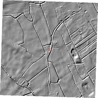 Shaded relief map of the ground around PE228QF, computed from Environment Agency LiDAR. The ground here sits at about 2 m above sea level and falls 4 m across the surrounding 800 m. Surface water reaching this point runs off ground lying to the north-east, 1.9 m higher.