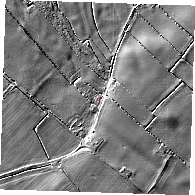 Shaded relief map of the ground around PE228QH, computed from Environment Agency LiDAR. The ground here sits at about 2 m above sea level and falls 6 m across the surrounding 800 m. Surface water reaching this point runs off ground lying to the east-south-east, 3.9 m higher.