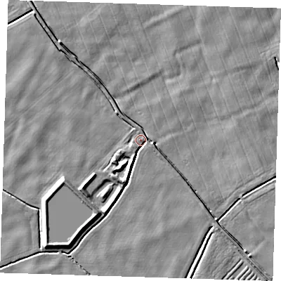 Shaded relief map of the ground around PE228QJ, computed from Environment Agency LiDAR. The ground here sits at about 1 m above sea level and falls 4 m across the surrounding 800 m. Surface water reaching this point runs off ground lying to the east-south-east, 2.9 m higher.