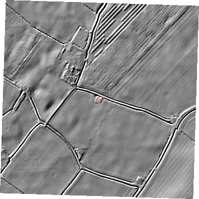 Shaded relief map of the ground around PE228QN, computed from Environment Agency LiDAR. The ground here sits at about 2 m above sea level and falls 5 m across the surrounding 800 m. Surface water reaching this point runs off ground lying to the east-south-east, 2.1 m higher.