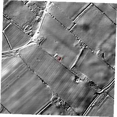 Shaded relief map of the ground around PE228QP, computed from Environment Agency LiDAR. The ground here sits at about 6 m above sea level and falls 5 m across the surrounding 800 m. Surface water reaching this point runs off ground lying to the west-south-west, 0.9 m higher.