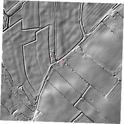Shaded relief map of the ground around PE228QQ, computed from Environment Agency LiDAR. The ground here sits at about 2 m above sea level and falls 6 m across the surrounding 800 m. Surface water reaching this point runs off ground lying to the south-east, 4.9 m higher.