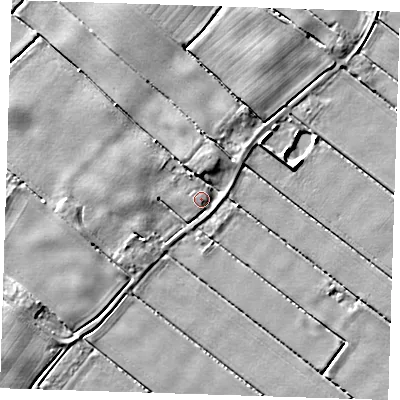 Shaded relief map of the ground around PE228QS, computed from Environment Agency LiDAR. The ground here sits at about 4 m above sea level and falls 4 m across the surrounding 800 m. Surface water reaching this point runs off ground lying to the north-west, 2.6 m higher.