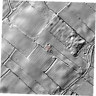 Shaded relief map of the ground around PE228QT, computed from Environment Agency LiDAR. The ground here sits at about 5 m above sea level and falls 5 m across the surrounding 800 m. The ground contributing surface water to this point lies to the south-south-west.