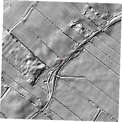 Shaded relief map of the ground around PE228QU, computed from Environment Agency LiDAR. The ground here sits at about 4 m above sea level and falls 4 m across the surrounding 800 m. Surface water reaching this point runs off ground lying to the north-west, 2.3 m higher.