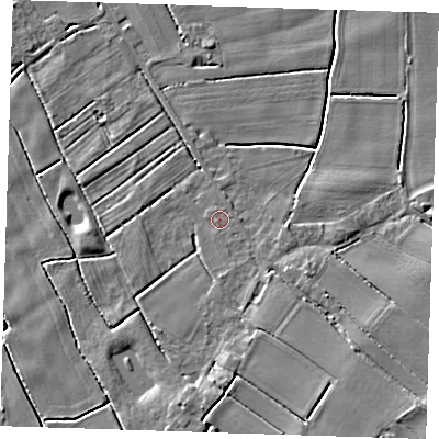Shaded relief map of the ground around PE228RF, computed from Environment Agency LiDAR. The ground here sits at about 2 m above sea level and falls 5 m across the surrounding 800 m. Surface water reaching this point runs off ground lying to the south-east, 3.7 m higher.