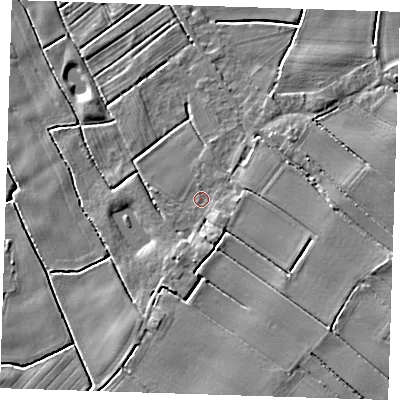 Shaded relief map of the ground around PE228RG, computed from Environment Agency LiDAR. The ground here sits at about 2 m above sea level and falls 5 m across the surrounding 800 m. Surface water reaching this point runs off ground lying to the east-south-east, 3.8 m higher.
