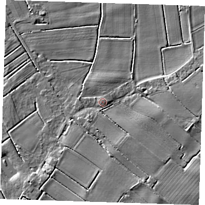 Shaded relief map of the ground around PE228RH, computed from Environment Agency LiDAR. The ground here sits at about 3 m above sea level and falls 5 m across the surrounding 800 m. Surface water reaching this point runs off ground lying to the south-south-east, 3.9 m higher.