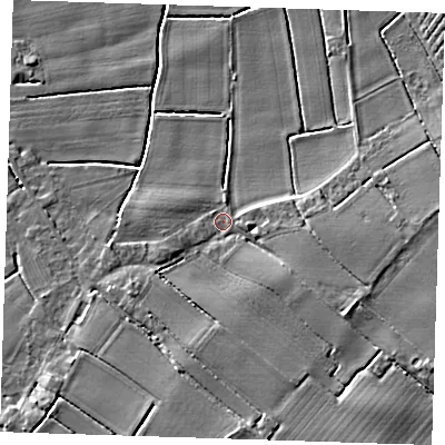 Shaded relief map of the ground around PE228RJ, computed from Environment Agency LiDAR. The ground here sits at about 3 m above sea level and falls 6 m across the surrounding 800 m. Surface water reaching this point runs off ground lying to the south-east, 3.7 m higher.