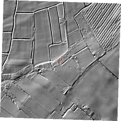 Shaded relief map of the ground around PE228RL, computed from Environment Agency LiDAR. The ground here sits at about 4 m above sea level and falls 6 m across the surrounding 800 m. Surface water reaching this point runs off ground lying to the east-south-east, 2.1 m higher.
