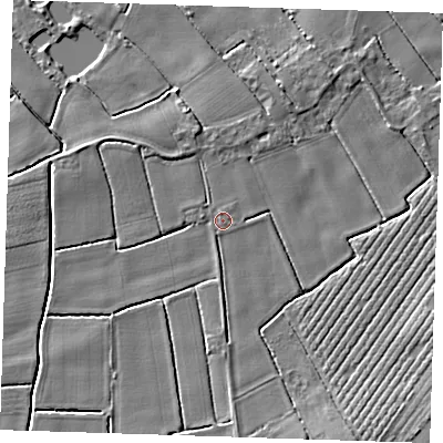 Shaded relief map of the ground around PE228RN, computed from Environment Agency LiDAR. The ground here sits at about 2 m above sea level and falls 5 m across the surrounding 800 m. The ground contributing surface water to this point lies to the north.
