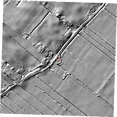 Shaded relief map of the ground around PE228RP, computed from Environment Agency LiDAR. The ground here sits at about 4 m above sea level and falls 4 m across the surrounding 800 m. Surface water reaching this point runs off ground lying to the west-north-west, 2.9 m higher.