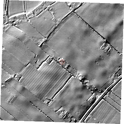 Shaded relief map of the ground around PE228RR, computed from Environment Agency LiDAR. The ground here sits at about 6 m above sea level and falls 5 m across the surrounding 800 m. Surface water reaching this point runs off ground lying to the north-east, 2.3 m higher.