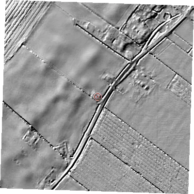 Shaded relief map of the ground around PE228RS, computed from Environment Agency LiDAR. The ground here sits at about 5 m above sea level and falls 4 m across the surrounding 800 m. Surface water reaching this point runs off ground lying to the north, 2.4 m higher.